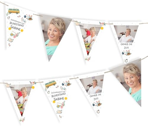 Herz & Heim® Foto Girlande zum Rentenbeginn, witzige Geschenkidee für angehende Ruheständler, personalisiert (Glückwunsch zum Ruhestand - Sonnig)