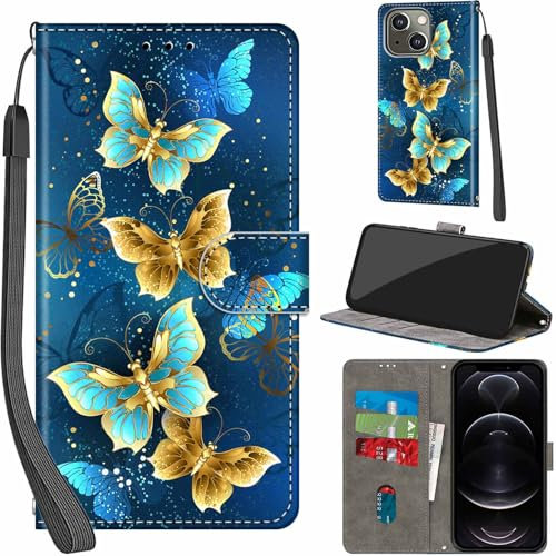 Haninsuze Flip Phone Case for iPhone 13/14, Multi-Pattern PU Leather Wallet Book with Stand, View, Magnetic, 3 Card Slots, Cash Pocket, Wrist Strap, Four Butterfly