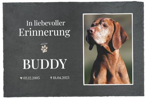 Schiefertafel mit Bild - Gedenktafel Hund & Katze 30x20 cm personalisiert - Grabstein Hund Bedruckt - Hundegrab Deko - Grabstein für Tiere - Grabschmuck - Erinnerung an Haustier