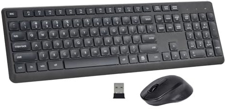 HUO JI Kabellose Tastatur- und Maus-Kombination für Windows Mac,US-Layout(QWERTY), 2,4 G ergonomische Computertastatur in voller Größe, lange Akkulaufzeit – 12 Monate, leise Tasten und Klicks, Schwarz