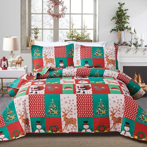 Smuge Weihnachts-Tagesdecke, Steppdecke, King-Size-Größe, wendbar, Elch, Schneemann, Weihnachtsbaum, kleine Glocke, rot und grün, kariert, für Neujahr, Winter, Urlaub, Bett-Set,