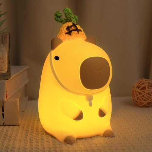 Okayera Capybara Nachtlicht mit Ananashut, Süße Weiche LED Tierlampe aus Silikon mit Timer Dimmbar Wiederaufladbar, Dekor Home Kinderzimmer Nachttisch Dekor Geburtstag für Kinder