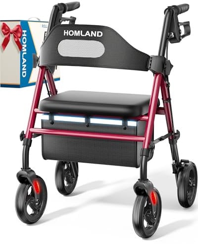 HOMLAND Foldable Rollator Walkers with Seat for Seniors, 8'' Big Wheels, 350 lb. Weight Capacity, Adjustable Handles and Seat Height, Lightweight Rolling Walker, Red