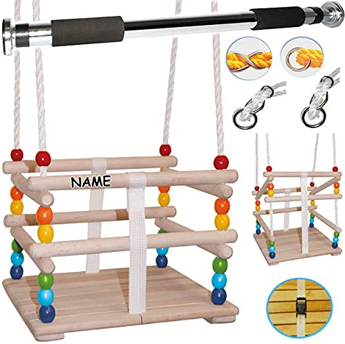 alles-meine.de GmbH Schaukel Farb & Modellwahl Set: Türstange + Holz Schaukel - inkl. Name - Kinderschaukel mit Gurt - bunt - Gitterschaukel/Leichter Einstieg ! - mitwachse..