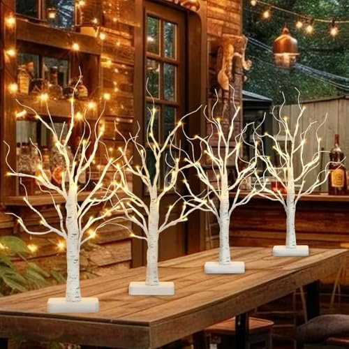EAMBRITE Birch Tree with LED Lights for Easter Decorations Indoor, Lighted Tabletop Tree 22 in 24 LED White Twig Battery Operated Mini Artificial Trees for Christmas Home Table Centerpiece Mantel 4pcs