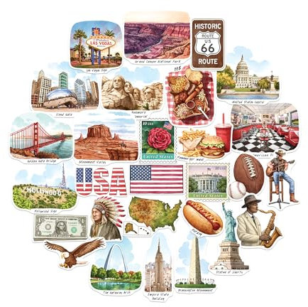 Navy Peony Ikonische USA-Reisesticker (28 Stück) – Handillustriert, Vereinigte Staaten, Amerika-Themen-Aufkleber für Tagebücher, Scrapbooks, Gepäck