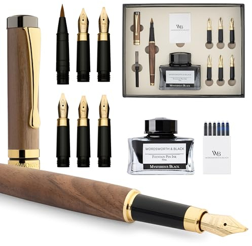 Wordsworth & Black Kalligraphie Füller Geschenkset Holz, Bambus, 6 Federn | Füllfederhalter, Kalligrafie, Tintenfass + 6 Tintenpatronen, Konverter, Journaling, Geschenk für Männer & Frauen, Hochwertig