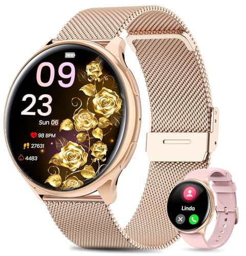 2025 Montre Connectée Femme avec ET/HRV/SIRI, 1.39 TFT Smartwatch avec Appel Bluetooth Moniteur de Sommeil SpO2 Cycle Menstruel 100+ Modes Sport IP68 Fitness Podomètre pour Android iOS (Or)