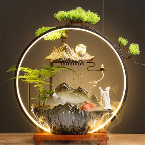 WSNCXFW Fuente de Agua de Mesa Japonesa, Plantas Artificiales, Feng Shui, Escritorio de Riqueza con luz LED, Brillo Zen, decoración del hogar, para Escritorio, Patio y jardín.,E,Extra Large
