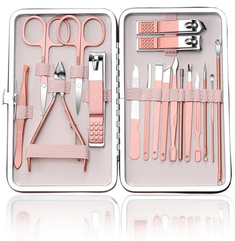 Manicure Set Professional Nail Clippers Kit Pedicure Care Tools-Stainless Steel Grooming Tools for Travel (Pink-18pcs)