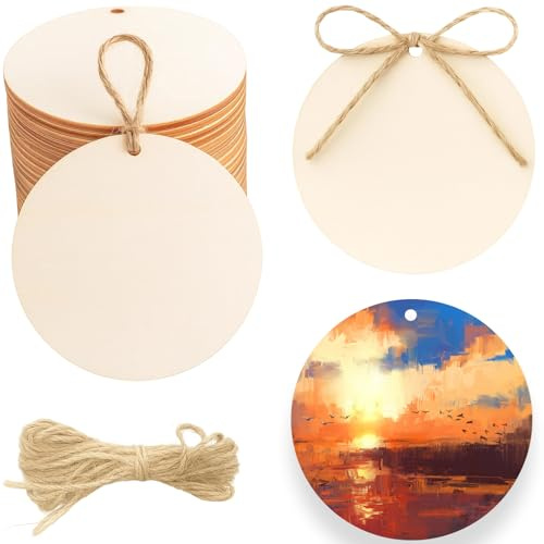 40 Stück Holzscheiben 7cm, Holz zum Basteln, Runde Holzscheiben Zum Basteln Mit 1 Meter Juteseil, Holzplättchen Zum Bemalen Für DIY Handwerk, Hochzeitsdekoration, Kinderbasteln