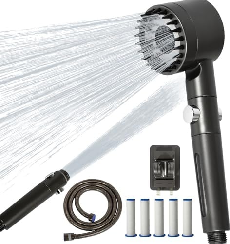 Duschkopf mit Filter & 5 Kartuschen | Hochdruck Brausekopf mit 1,5m Schlauch & Halterung | Duschbrause mit Filter gegen Kalk und Chlor | Energiespar Duschkopf mit Stopp-Funktion(Grau)