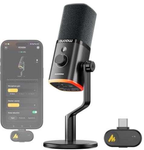 MAONO PD100W Micrófono dinámico USB inalámbrico, micrófono para PC para juegos con reducción de ruido con un solo clic, botón de silencio, RGB personalizado, conector de auriculares de 3.5 mm