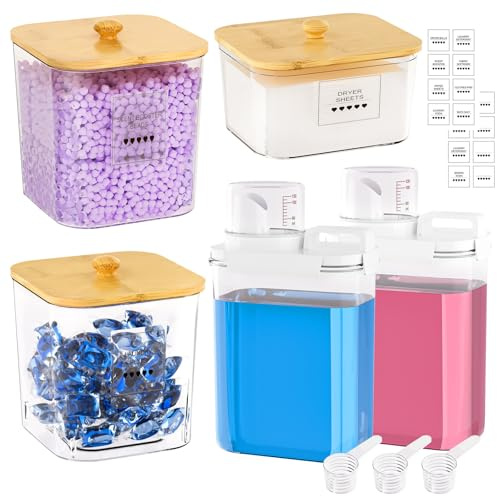Yorbay Cajas Detergente Dispensador Transparente: 5 Cajas con Vaso | Etiquetas para Detergente en Polvo - Recipiente con Tapas de Bambú y Cucharas
