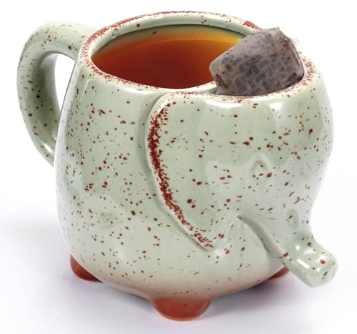 Tea Mug Elephant Cup, 15oz Ceramic Mug with Tea Bag Holder, Unique Green Design, Gift for Tea Lovers (Green)