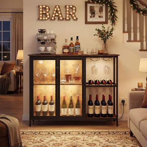 COSTWAY Meuble Bar à Vin avec Multiprise & Lumières LED, Buffet Cuisine Éclairage avec Casier à Vin et Porte-Verres, Style Industriel, pour Cuisine, Salon, Salle à Manger