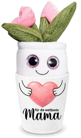 Maus-Design Geschenk Blumentopf – Für die Weltbeste Mama | Dekorativer Keramik-Übertopf, Mit Plüschblume, Mit Geschenkkarton