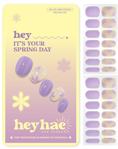 Heyhae Semi Cured Gel Nail Strips - Hey, It's Your Spring Day | Purple Floral | Sun Cured No UV Light Needed, Salon Quality, Easy Apply & Remove | 28 Strips, Prep Pad Nail File Wooden Stick