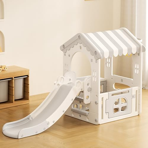 FUKEA Kids Playhouse Slide with Building Block Desk (Contain 60 Blocks), Large Playground Slides for Toddlers Age 1-3 Indoor Outdoor, Garden kid Slide