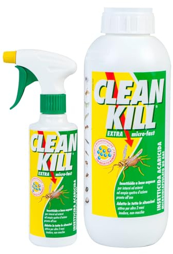 Clean Kill Insetticida Spray Ecologico contro Cimici Acari Blatte Zanzare | Kit Extra Micro-Fast per Tarli Formiche Termiti Mosche Pulci Zecche per Esterni e Interni Flacone da 375ml + Ricarica da 1L