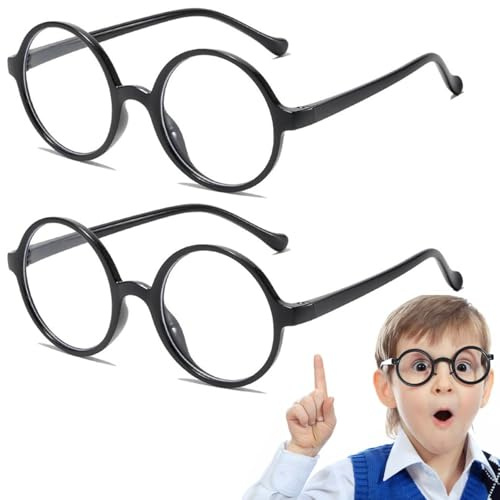 Teouuas 2 Stück Runde Brille, Brille Rund, Runde Brilles Ohne Stärke | Brilles Rund Ohne Stärke, Runde Brille, für Halloween Weihnachten Karneval und Partys Cosplay (Schwarz)