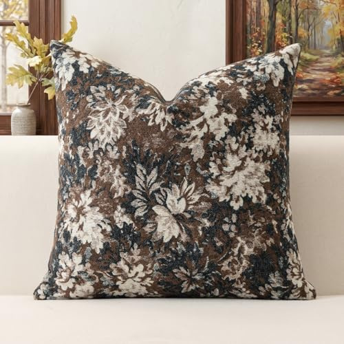 Artscope 1er Set Vintage-Design Blumen Kissenbezug 50x50cm, Weicher Chenille Kissenhülle Zierkissenbezug Sofakissen Dekokissen für Sofa Schlafzimmer Wohnzimmer, Kaffee Braun