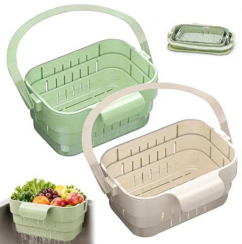 2PCS Collapsible Faucet-Hanging Sink Strainer Basket, Foldable Hanging Sink Drain Basket Stretchable Kitchen Colander, Space Saving Food Strainer Basket with Drainage Holes for Fruit Vegetable (Mix)