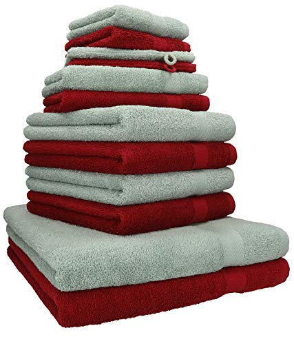 Betz 12-TLG. Handtuch Set Premium 100% Baumwolle 2 Duschtücher 4 Handtücher 2 Gästetücher 2 Seiftücher 2 Waschhandschuhe Farbe rubinrot/heugrün