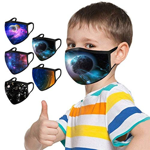 Lulupi 10 Stück Kinder Mundschutz Multifunktionstuch 3D Cartoon Druck Maske Waschbar Baumwoll Stoffmaske Atmungsaktiv Mund-Nasen Bedeckung Universum Planet Motiv Halstuch Schals Jungen Mädchen
