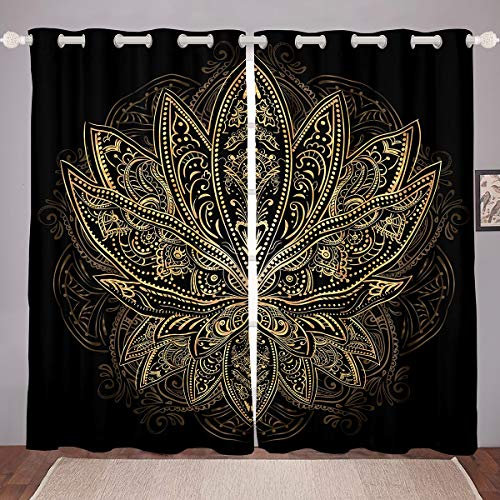 Loussiesd Boho Mandala Blickdichte Vorhänge Böhmische Vorhängeative Hippie Mandala Fenstervorhang für Kinderzimmer Leicht Schwarz Schwarz Golden Exotisch Blumen Verdunkelungsvorhänge 137x117cm
