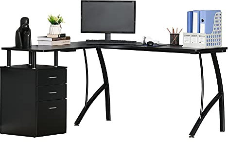 HOMCOM L-Shaped Computer Desk Table with Storage Drawer, Home Office Desk Corner Industrial Style Workstation for A4 Files 143.5 x 143.5 x 76cm, Black
