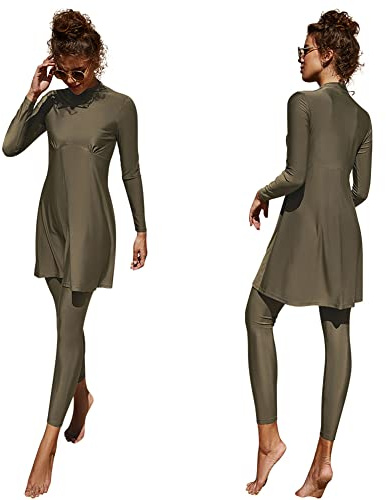 Femmes Maillots de Bain Musulmans Islamique Modest Couverture Complète Burkini Manches Longues Haut Pantalon Natation été Tenue de Plage Maillots Rashguards 2 Pièce armée Verte L