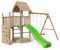 Spielturm Alex 430 - natürlich Lärche - Spielturm mit Kletterwand, Holzdach, Alusprossen, Sandkasten, Doppelschaukel und Rutsche apfelgrün
