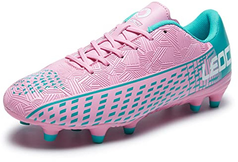 LEOCI Performance Turf - Zapatos de fútbol para Hombre y niño, Tacos de fútbol para Interiores, Rosa-Aguamarina, 8 Women/6.5 Men
