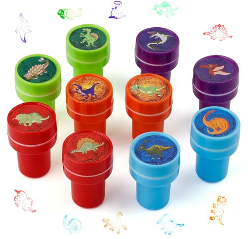 KINHARD 10 Stück Dinosaurier Stempelset Kinder, Stempel Kinder ab 2 Jahre mit Tiermotiven, Ministempel Kreativset für Bastelbedarf, Grußkarten, Kindergeburtstag gastgeschenke