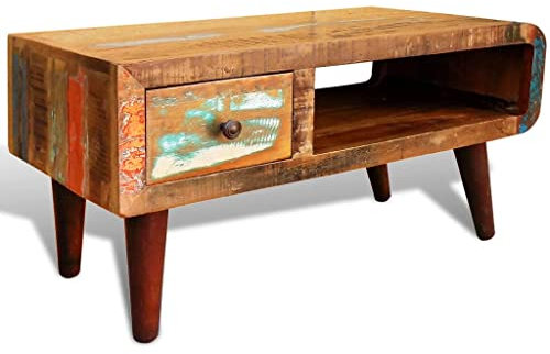WIFESE Couchtisch Kante 1 Schublade Altholz Beistelltisch Nachttisch Wohnzimmertisch Couchtisch Rund Beistelltisch Holz Couchtisch Holz Sofatisch Kaffeetisch mit Abgerundeter 90x45x45 cm Antik-Stil