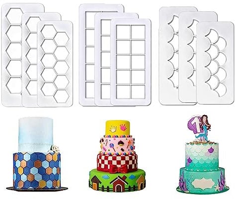 Tvoip 9 Pieces Cake Mold Cookie Fondant Cutters, Geometric Biscuit Cutters Embossing Square and Hexagon Fish Scale for Birthday Cupcake Decorating (Set1)