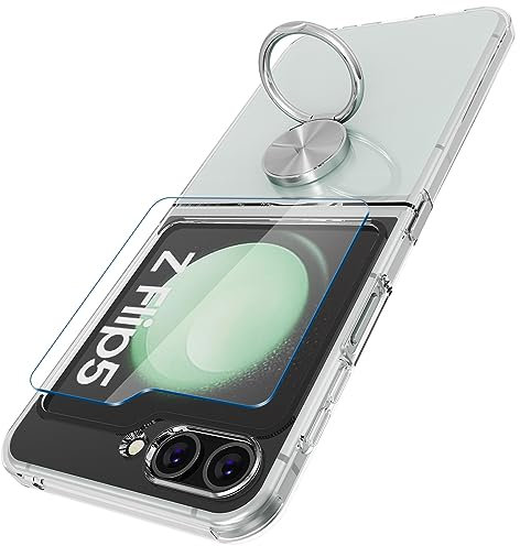 STARRYNOVA Hülle Ringhalter Kompatibel mit Samsung Galaxy Z Flip 5 5G, Crystal Clear Handyhülle Silikon Vier Ecken Anti-Fall TPU Case 360 Grad Ständer Schutzhülle - Silberner Ring