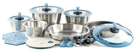 cookvision nesto stapelbares Topf- und Pfannenset 17-tlg. Blau, 4 Edelstahltöpfe für Spülmaschine, Induktion, Backofen, 2 Pfannen, 2 abnehmbare Griffe, 3 Glasdeckel, für Paare, Camping, Reisen
