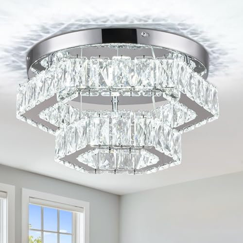 RHEAFON Modern Crystal Ceiling Light LED Ceiling Lights Living Room Chandelier Ceiling Light for Hallway Bedroom Living Room Kitchen Light Fixture (Cool White)