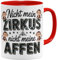 OM3® lustige Kaffee-Tasse mit Spruch - Nicht mein Zirkus nicht meine Affen - Zirkuszelt Äffchen - Statement Bürotasse IV | Keramik Becher | 325ml | Beidseitig Bedruckt | Rot