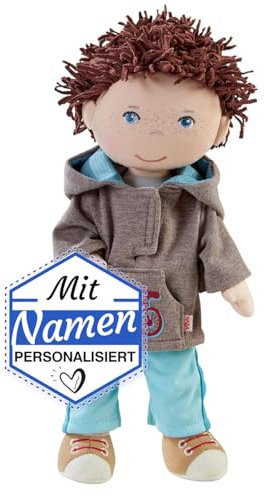 HABA Stoffpuppe mit Namen Bestickt, Erste Baby Puppe zum kuscheln, Weiche Mädchen Kuschelpuppe, Kinder Geschenk-Idee Babypuppe als Taufgeschenk (Junge)