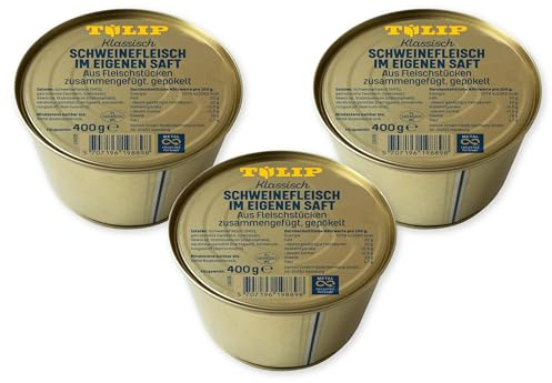 TULIP 3x 400 g Schweinefleisch im eigenen Saft | Fleisch Schwein 94% | Frühstücksfleisch in der Konserve | Ideal als Belag oder zum Anbraten | Konservenfleisch
