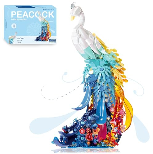 Pfauen Tierfiguren Klemmbausteine Kompatibel mit den Berühmte Marken,901Teile Pfauen Tiere Modell mit Blumen Schwanzfedern und Licht,Creative Deko Geschenks für Erwachsene und Junge Menschen