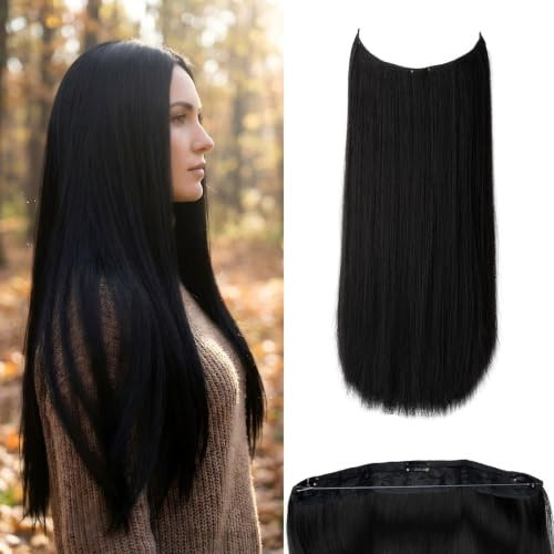 JJstar 50 cm Halo Haarverlängerung, glatte Invisible Hair Extensions | Natürliche Optik, Haarteil mit unsichtbarem Draht, schnell anzulegen, glattes Haar aus Hochtemperaturfaser für mehr Volumen