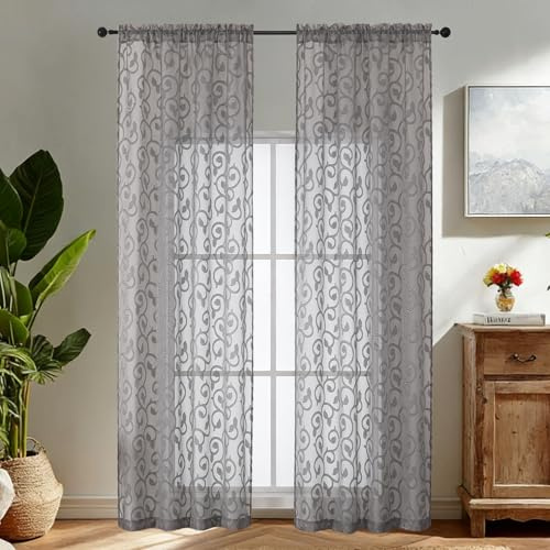Simplebrand Charcoal Gray Sheer Voile Curtains with Embroidered Pattern, 2 Panels 140x229cm, Dual Rod Pocket Light Filtering Patio Door Curtains