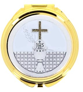 SHALOM - Teca Eucaristica in Metallo Dorato con Placca Calice, Custodia Liturgica per Ostie, Dimensioni 6 x 1,5 cm, Accessorio Religioso per Santa Messa