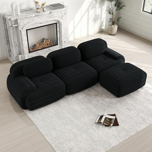 Bladez Modernes 3-Sitzer Cord Sofa Modulares L-förmiges Ecksofa mit Ottoman Hocker, Ohne Montage, Cloud Polstersofa Couchs kombinierbar, für Wohnzimmer (Schwarz, 3-Sitzer+1)