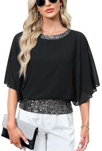 For G and PL Women's Sequin Formal Dressy Wedding Top Batwing Sleeve Chiffon Party Shirt