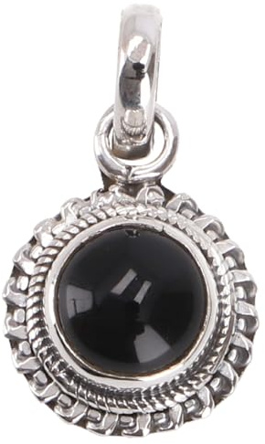 Silberanhänger, kleiner runder Boho Kettenanhänger mit Stein, Onyx